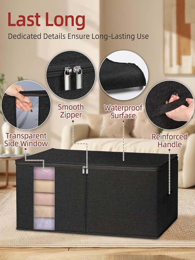 90L Rigid Structure King Size Comforter Storage Bag, 2 Pack, Black | Rigid Sides & Bottom, Stackable & Foldable Design, for King Quilts, Bedding, Pillows and Clothes, Closet & Dorm Organization