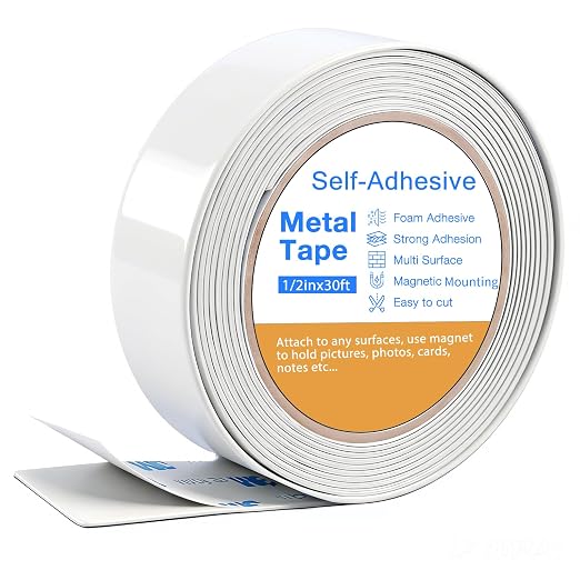 Bendable Adhesive Metal Tapes for Magnets, (0.5'' Wide x 30 ft Long) Flexible Metal Strips for Magnets, White Ferrous Tape Stick on Wall Can Paired with Magnet Tapes