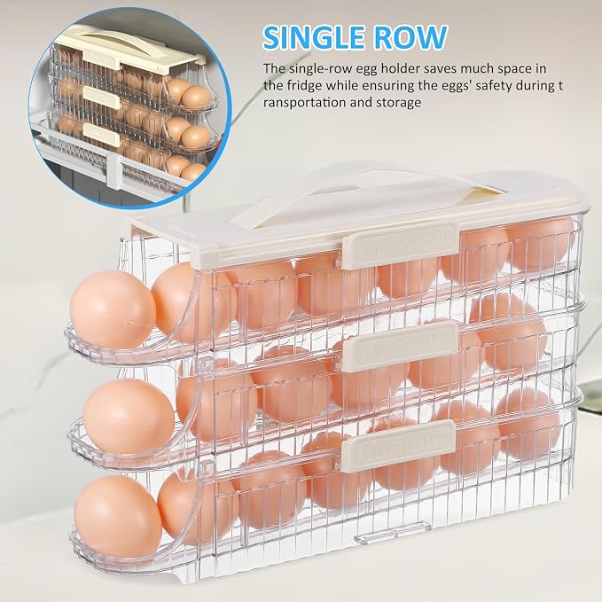 Uonlytech Automatic Rolling Holder Fridge Triple Stackable Organizer Lid Space Saving Refrigerator Storage Tray Kitchen