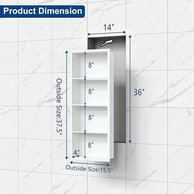 Qeke 14x 36 Medicine Cabinet Recessed with 4-Tiers Shelves, Matte White | 304 Stainless Steel Medicine Cabinet without Mirror, No Tile Needed Wall Niche for Bathroom Storage, Space Saving & Durable
