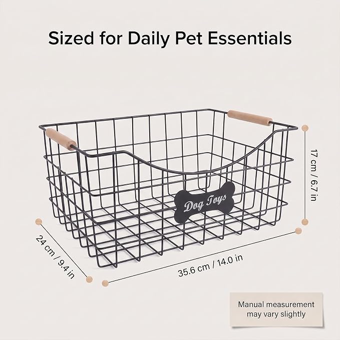 Dog Toy Basket, Metal Dog Toy Bin with Wooden Handles | Sturdy Wire Pet Storage Basket Organizer for Dog Toys, Leashes, Treats, Blankets and Grooming Supplies-14 x 9.4 x 6.6 in