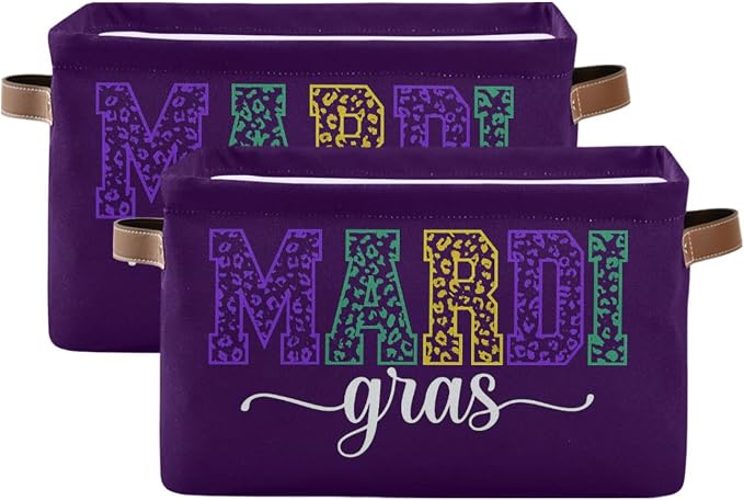 Wamika Happy Mardi Gras Purple Storage Basket with Waterproof Liner and PU Handles Fleur de Lis Storage Bins Boxes 14.2" Collapsible Decorative Organizer Baskets for Bedroom Closet Office 2 Pack
