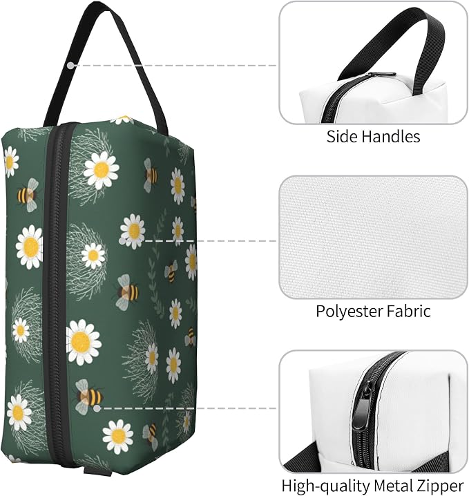 Dark Green Bee & Daisy Makeup Bag - Durable 600D Oxford Fabric Travel Cosmetic Bag, Shockproof Foam Padded Toiletry Organizer for Gym & Daily Use 10x6.2x4.9 Inch