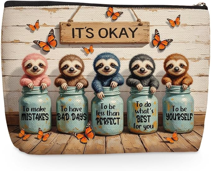 Cute Sloth Gifts Cosmetic Bag, Watercolour Travel Organizer Zipper Pouch | Inspirational Quote Makeup Bag Animal Lovers Gift for Women Girls Best Friend, Sloth Gifts for Women