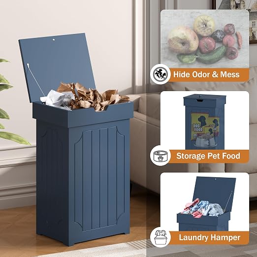 Function Home Trash Can Cabinet, 13 Gallon Kitchen Garbage Can, Wood Recycling Trash Bin, Freestanding Dog Proof Trash Can, Farmhouse Trash Cabinet with Lid for Home Kitchen Bathroom, Blue