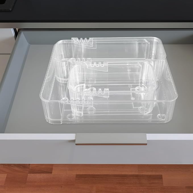 Garneck 3pcs Expandable Clear Drawer Organizer Pet Storage Trays with Dividers for Kitchen Cutlery Office Cosmetics Jewelry Space-saving Transparent Storage Bins with Rounded Corners