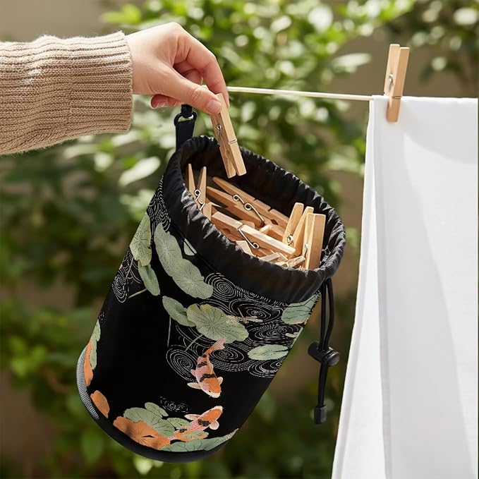 Clothespin Holder with Drawstring, Lotus Leaf Dragonfly Portable Laundry Peg Bag Organizer, Storage Pouch for Clips, Ideal for Drying Rack, Camping Trips, Dorm Room