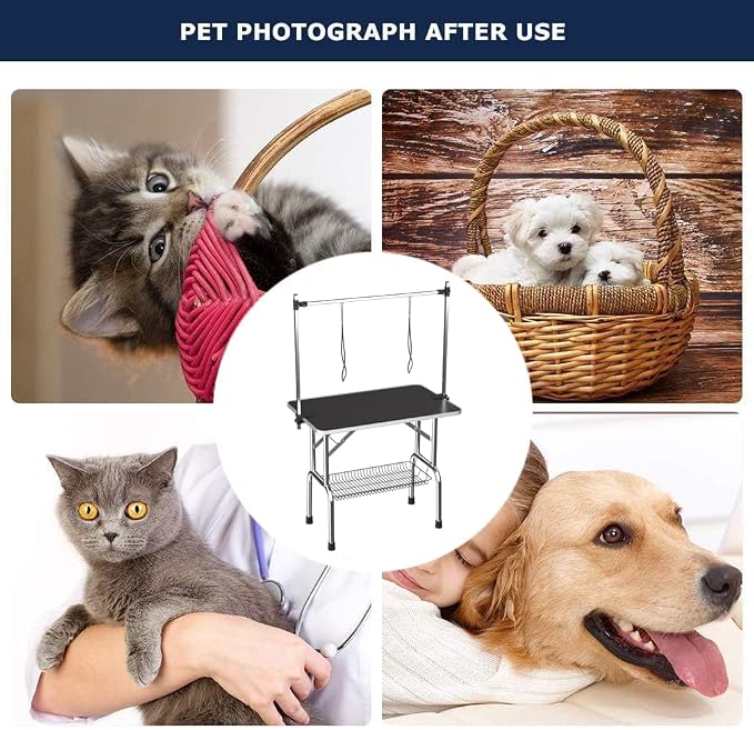36" Pet Dog Grooming Table, Foldable Stainless Steel Frame Pet Drying Grooming Table Up to 330lbs, Professional Bathing Desk for Dogs at Home with Adjustable Overhead Arms, Noose, Mesh Tray