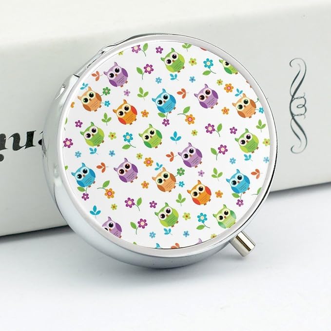 Travel Pill Case, Floral Owl Round Waterproof Organizer, Small Holder for Fish Oil, Portable Pill Box Purse Use for Daily Walks