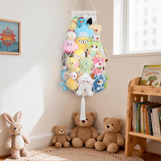 Stuffed Animal Storage Net Corner,70'' Macrame Stuffy Hammock,Cream | Wall Ceiling Over Door Hanging Stuffed Animals Hammock, Boho Macrame Stuffy Storage Holder, Nursery Playroom Kid Room Decor