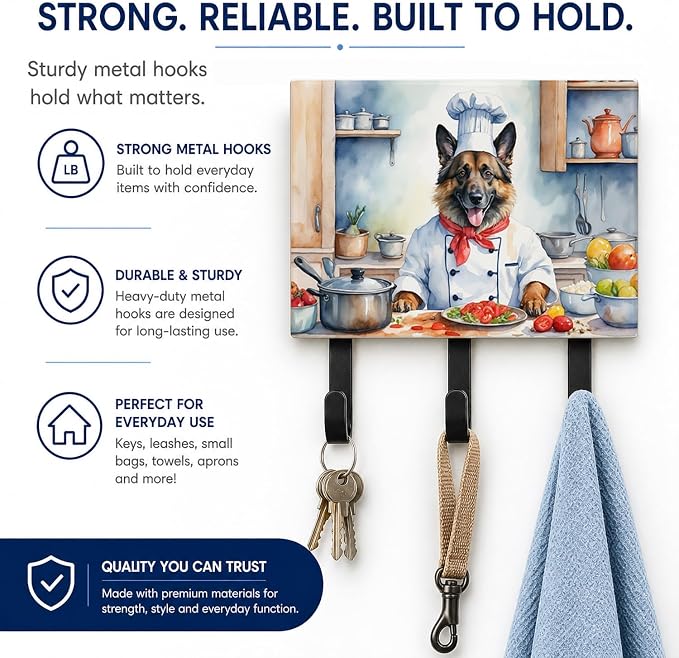 Caroline's Treasures Belgian Tervuren The Chef Leash or Key Holder Wall Hooks, Key Hooks Holder, Coat Rack Wall Mount, Coat Hooks, Hooks for Hanging Keys, Towels, Aprons, Leashes | Belgian Tervuren The Chef artwork on ceramic tile with three steel hook...