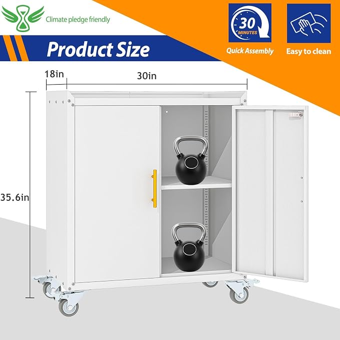 GAIOUS 35.6'' Tall Metal Garage Storage Cabinet with Wheels,Rolling File Cabinet with Lock and Adjustable Shelves,Outdoor Steel Tool Cabinet for Home,Office,Garage,White