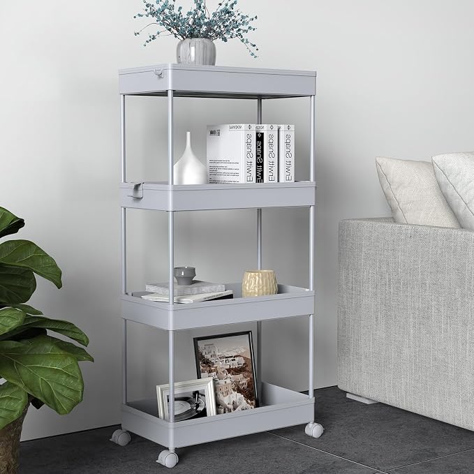 4 Tier Rolling Cart with Wheels, Storage Craft Art Trolley Organizer Serving, 3 Hanging Baskets Easy Assembly, for Office, Living Room, Kitchen