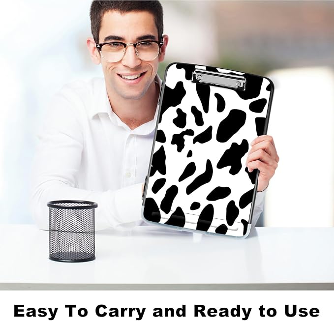 A4 Clipboard with Storage Pen Holder, Clipboards Organizer Nursing Clipboard Foldable File Folder Plastic Clipboard Folio Clip Board for Office Students Classroom Doctor Teacher, Cow Print
