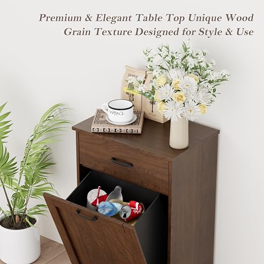 njnj 13 Gallons Tilt Out Trash Cabinet, Kitchen Hidden Trash Bin Cabinet Wood Garbage Recycling Cabinet with Hideaway Drawer, Pet Proof Freestanding Trash Bin for Kitchen Living Room Brown