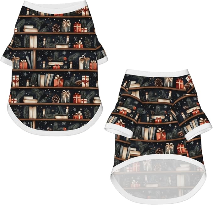 Christmas Bookshelf Dog T Shirt Dogs Cats Cotton Shirts Short Sleeve Clothes Soft Stretchy Pet Costume Doggy Outfit Pullover Jumper Puppy Sweatshirt Large