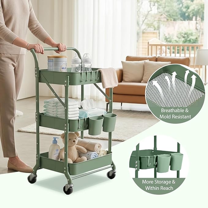 Amatic 3-Tier Folding Rolling Utility Cart with Wheels, Metal Foldable Storage Cart Organizer with 3 Hanging Cups & 6 Hooks for Kitchen, Office, Living Room, Nursery(Green)