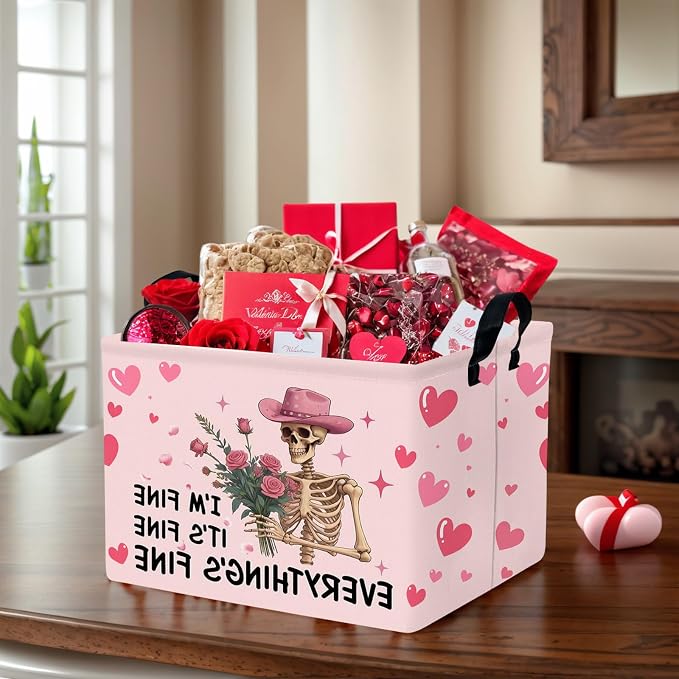 Valentine's Day Basket Gift for Empty Cute Heart Large Storage Bin for Kid and Baby Room Décor (Pink Rose Skull Heart)
