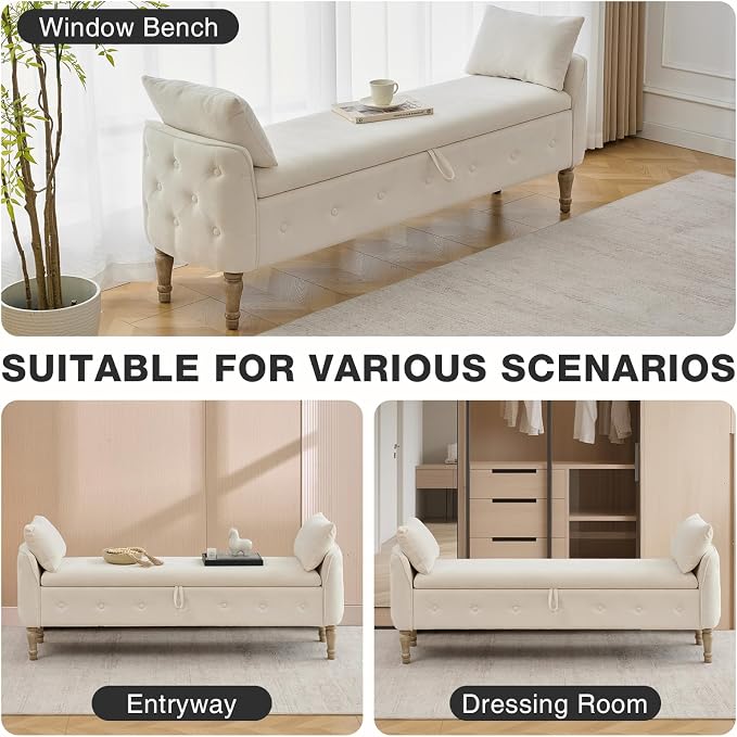 67"End of Bed Storage Bench King Size,Upholstered Bedroom Bench,Beige | Linen Storage Bench for Bedroom End of Bed ,2 Cushion, Vintage Wood Legs ,Tufted,Storage Ottoman Bench for Entryway Window