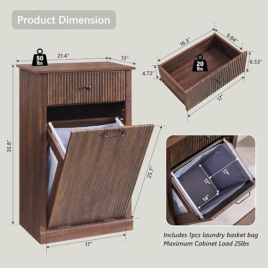 IFGET Tilt-Out Trash Can Cabinet, Fluted Laundry Hamper Cabinet, Brown