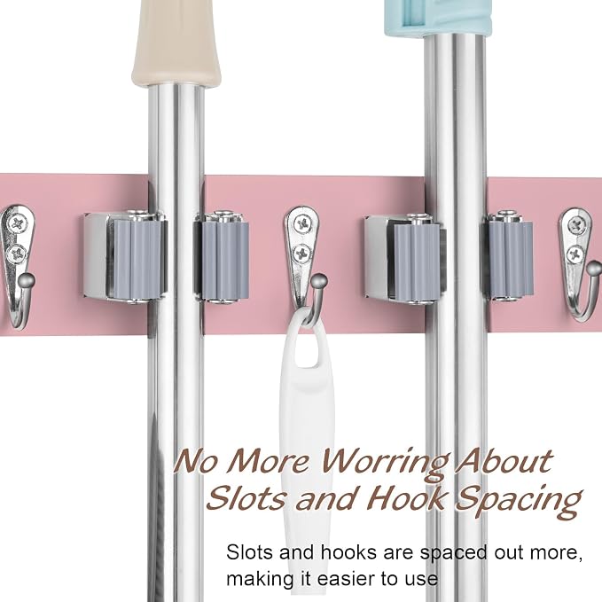 OUTNILI Pink Mop Broom Holder Wall Mount with 4 Slots & 4 Hooks - Wood Broom Mop Hanger for Pantry Closet Laundry Room Kitchen Organization - for Pink Kitchen Decor and Accessories