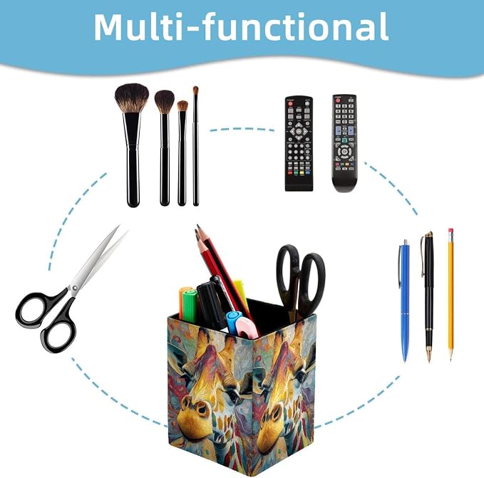 Giraffe Pen Holder for Desk Decor, Rectangular PVC Leather Pencil Cup for Desk Pen Organizer, Makeup Brush Holder for School, Home, Office