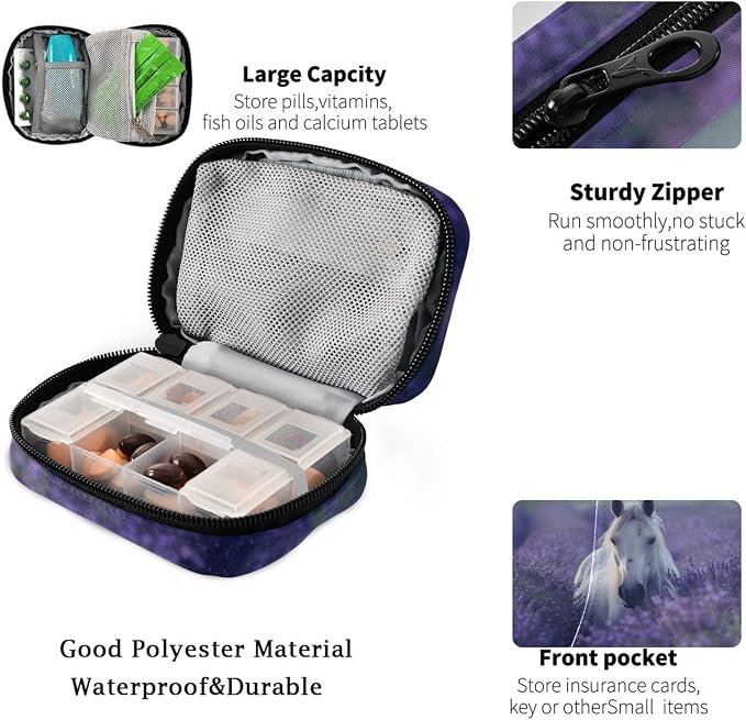 Fustylead Beautiful White Horse in Lavender Flower Field Pill Organizer Case with Zipper 2 Times A Day for Vitamin and Supplement, 7 Day Travel Organizer Medicine Case