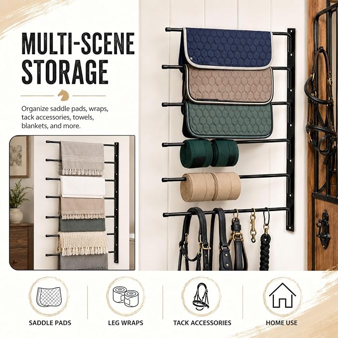 6-Tier Wall Mount Saddle Pad Rack, Heavy Duty Rotating Horse Tack Organizer | 6 Rotating Arms Saddle Pad Rack, corrosion-resistant finish，Heavy Duty Steel Holds 90 lbs, Wall Mounted Horse Tack Storage