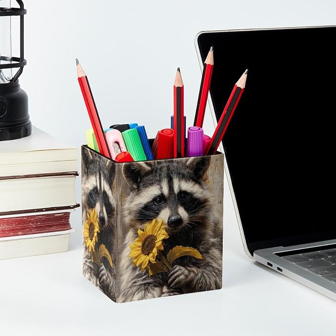 Sunflower and Raccoon Pen Holder for Desk Decor, Rectangular PVC Leather Pencil Cup for Desk Pen Organizer, Makeup Brush Holder for School, Home, Office