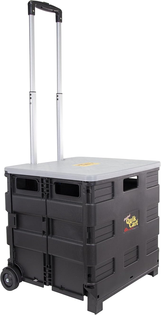 dbest Products Quik Cart Standard Collapsible Rolling Crate - Gray Lid | with Wheels, Roll Up to 80 lbs Capacity, Heavy Duty Plastic Construction, Telescoping Handle, Foldable Utility Cart