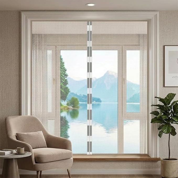 Magnetic Fiberglass Mesh Window Screen Washable, Hook and Loop Window Screen Magnetic Closure for Bedroom Kitchen Temporary, Keep Bugs Out Pet Protection Self-Adhesive Screen(White,47x55in)