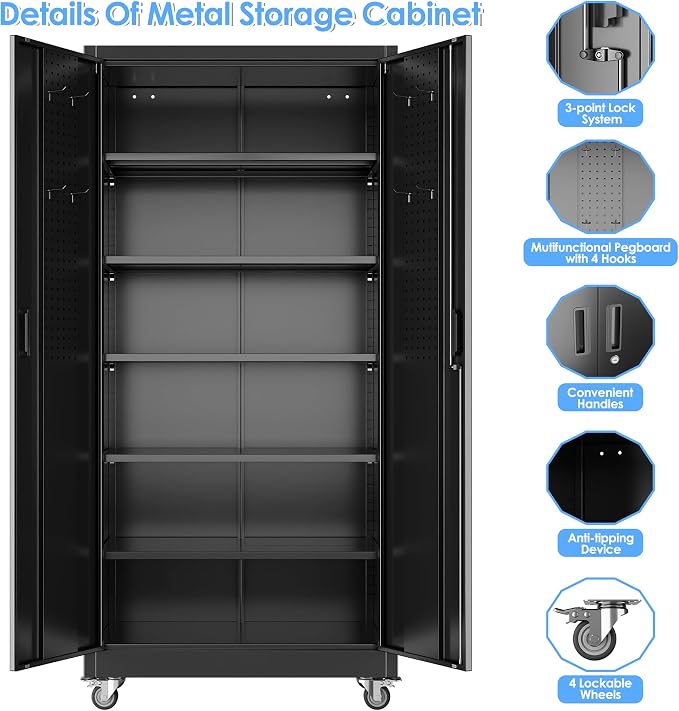 Reemoon Metal Storage Cabinet with Wheels and Pegboard, 71 in, Black | 18 in deep steel cabinet with 5 adjustable shelves, door pegboard, lock, and 4 casters.Required assembly