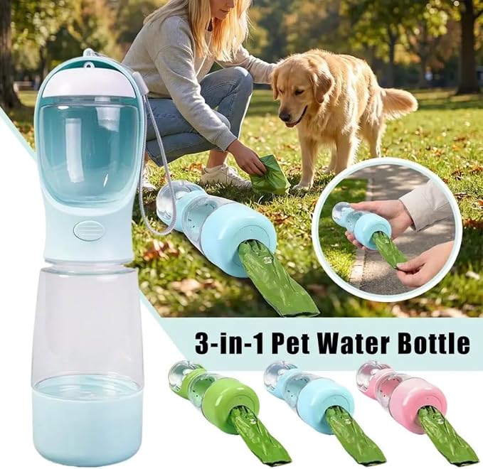 Portable Dog Water Bottle with Bowl, Food Container & Poop Bag Holder, 13.5 oz, Leak Proof Travel Pet Water Bottle for Dogs & Cats, Food Grade Plastic Dispenser for Walking, Hiking & Camping (Green)