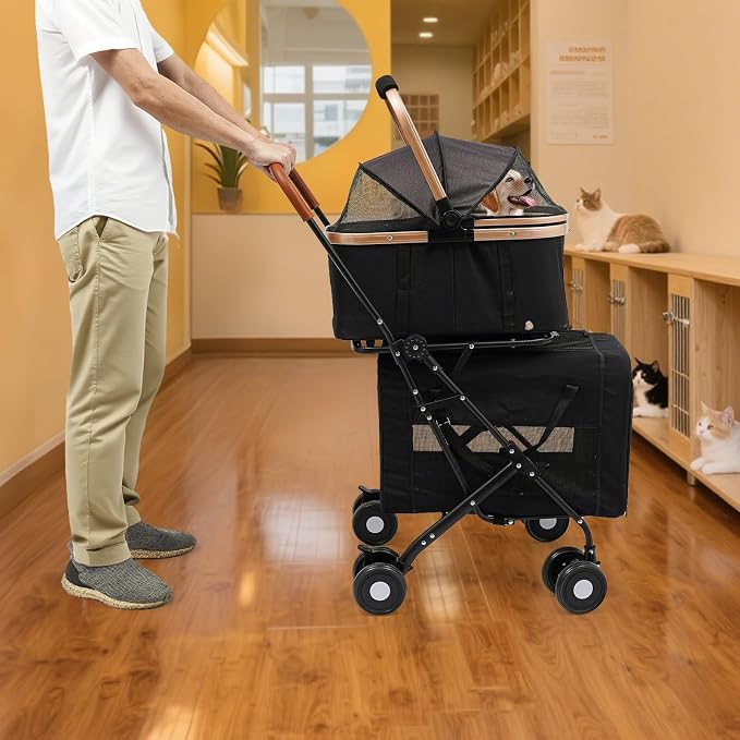 2-Tier Pet Stroller for Two Dogs Cats, Double Carrier 3-in-1 Foldable,77lbs | Heavy Duty Oxford Fabric & Steel, Breathable Mesh, Storage Bag, Modern Black, Easy Folding, Outdoor Travel Cart