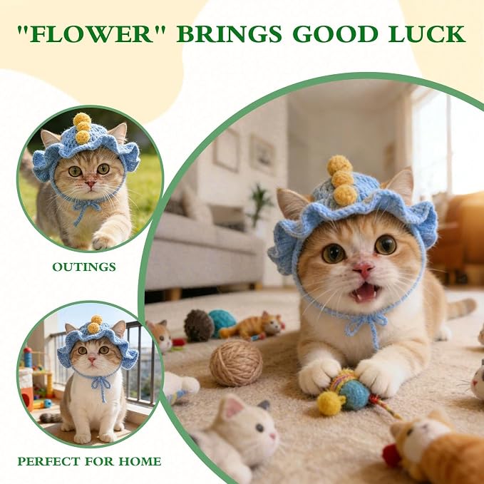 Dinosaur Cat Hat, Cotton & Soft Cute Knitted Hats for Cats Birthday Party Spring Puppy Hat for Small Pets (Blue,M)