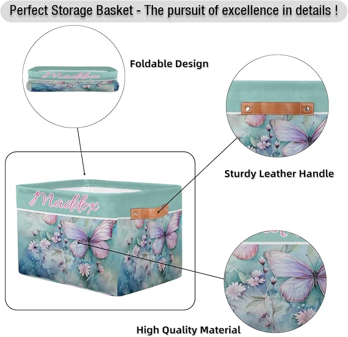 Custom Name Storage Bin, Personalized Rectangular Storage Basket with Handles for Organizing Boys Girls Toys Office Closet Shelf Baskets, Watercolor Pink Butterfly with Floral