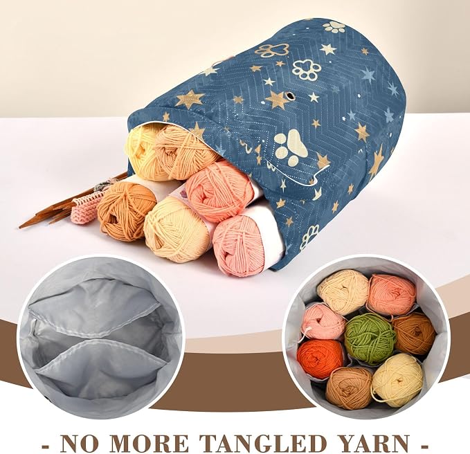 Fustylead Beautiful Shooting Stars and Paw Prints Yarn Knitting Crochet Drawstring Bag with Customized Front Compartment, Portable Large Storage Basket for Crocheting Project, Kit, Yarn Ball, Needles