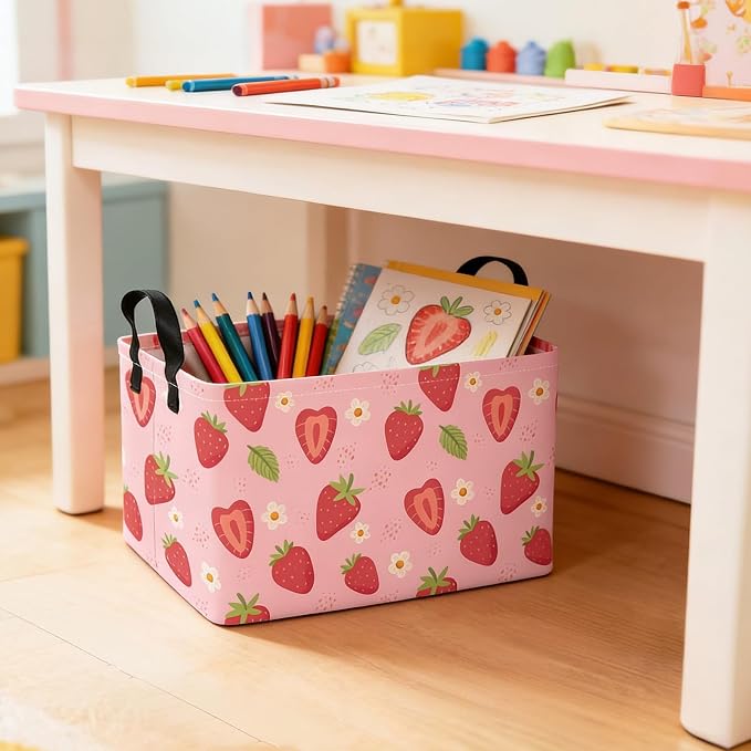 Rectangular Collapsible Storage Basket Toy Organizer Flower Strawberry | Storage Bin Foldable Canvas with Handles for Organizing Home Kitchen Children Toys Office Closet Shelf Baskets