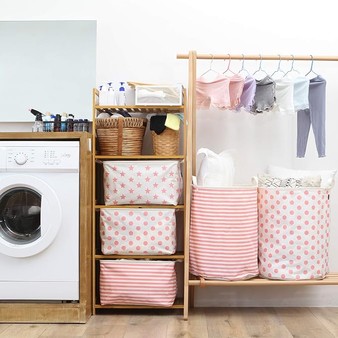 Sea Team Large Canvas Laundry Basket with Handles, Pink Dots | Collapsible Fabric Laundry Hamper, Closet Shelf Organizers, Containers for Clothing, Blankets, Toys, Bedding, 19.7 x 15.7”