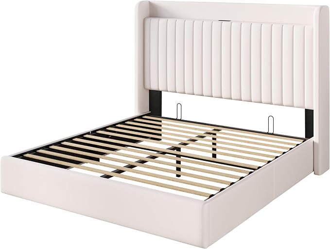 SHA CERLIN Full Size Lift Up Storage Bed Frame, Charging Station, White | Storage Headboard with Charging Station, USB, Type-C Port Velvet Hydraulic Storage Bed No Box Spring Needed Noise Free
