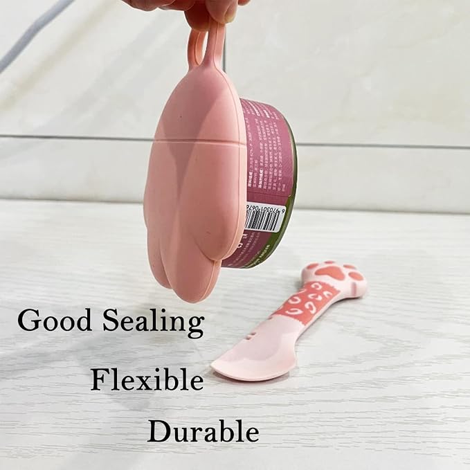 SJANE 4 Pcs Cat Food Spoon & Can Covers | Cute Paw Silicone Pet Food Opener Spatula & Lids | Stainless Steel Wet Food Spoon for Cats and Dogs (Pink+Grey)
