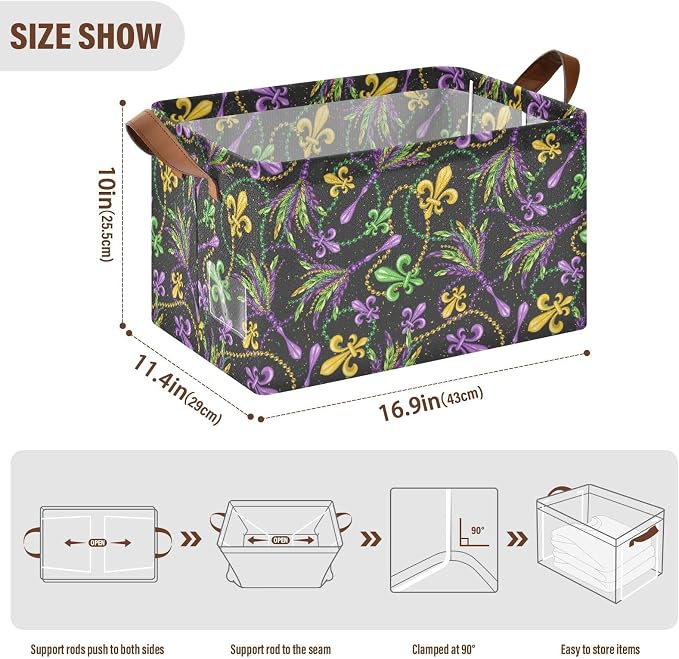 Mardi Gras Fleur De Lis Beads Gold Purple Storage Basket Foldable Cube Storage Bins with Handles&Label Holiday Empty Gift Box Collapsible Organizer Bin Large Decorative Baskets for Shelves Home Room