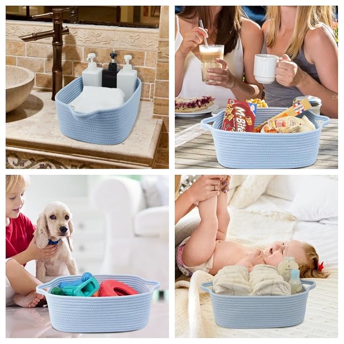 XUANGUO Medium Woven Cotton Rope Storage Basket with Handles, Blue | Small decorative rectangle storage bin for baby nursery items and cat toys; ideal as an empty gift basket or dog toy basket