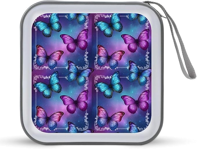 40-Disc Hard Shell Storage Wallet Purple Butterfly, DVD CD Binder with Carry Strap, Portable Protective Organizer for Travel Office