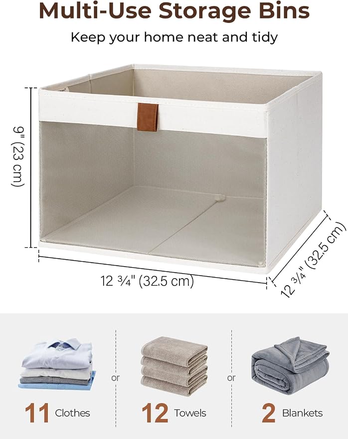 StorageWorks Fabric Storage Bins, Linen Closet Organizer, Beige, 3-Pack | See-Through Mesh Front, Soft Leather Handles, Flip to Show/Hide, For Closet, Shelves, Holds Clothes, Towels, Blankets, Toys