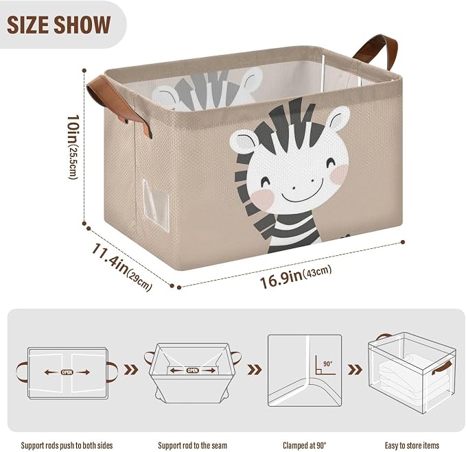 Cute Happy Zebra Brown Animal Storage Basket for Baby with Handles&Label Rectangular Waterproof Nursery Storage Bins Collapsible Organizer Baskets for Kids Cloth Gift Toys Laundry Shelf, 2 PC