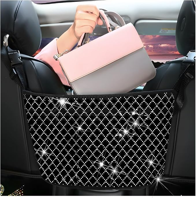 zipelo Bling Car Net Pocket Handbag Holder, Rhinestone Vehicle Backseat Purse Organizer Between Seats, Diamond Hanging Storage Bag Barrier of Pet Kids, Universal Automotive Accessories (White)