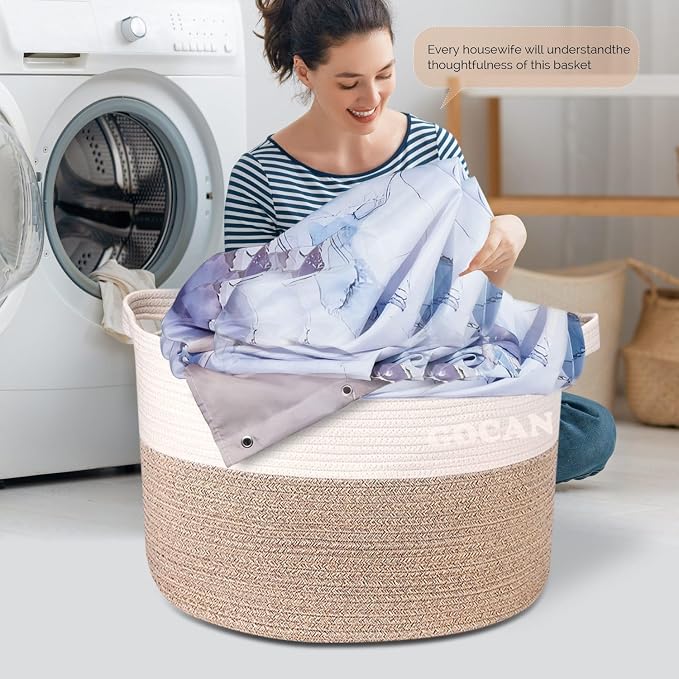 Cotton Rope Woven Laundry Basket 22"X 22"X 14" with handlesXXXL | Hand-woven, ideal for storing blankets and cushions in the living room, and clothes for household storage.(Brown/Beige)