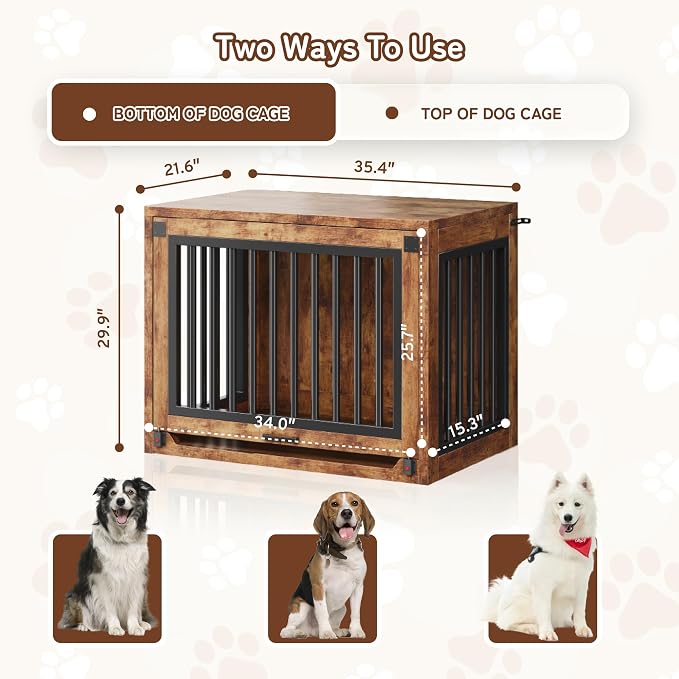 35" Wooden Dog Crate Furniture for Dogs up to 50 lbs, Medium Dog Kennel with Concealed Sliding Door, Heavy Duty Indoor Dog Cage with Safety Latch and Quiet Pads, Rustic Brown