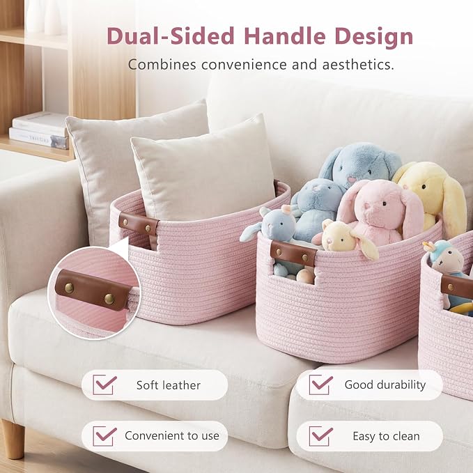 ECDYQXVU 15x10x9 Woven Cotton Rope Storage Basket, Leather Handles 2 Pack | Foldable Design, Sturdy PU Handles, Easy to Clean Organizer for Living Room, Closet, Shelves, Bedroom, Laundry, Clothes